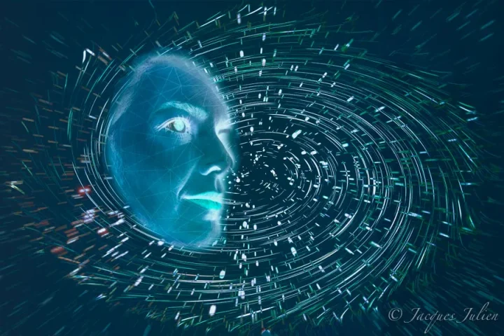 Digital art depicting an artificial intelligence as a blue-tinted face in profile surrounded by swirling circular patterns of binary code and data streams on a dark background