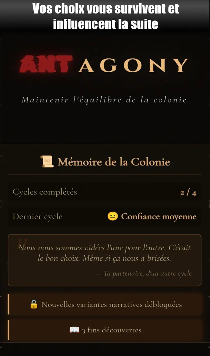 Écran Mémoire de Colonie du jeu ANTagony montrant statistiques de cycles complétés niveau de confiance et contenu débloqué