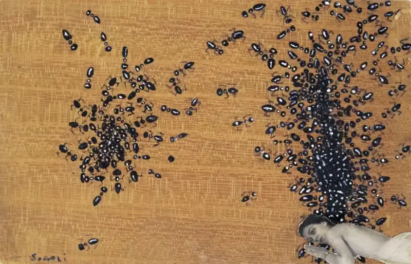 Surrealist artwork by Salvador Dalí showing ants crawling across a surface, symbolizing psychological decomposition, consuming anxiety, and corrupted desire