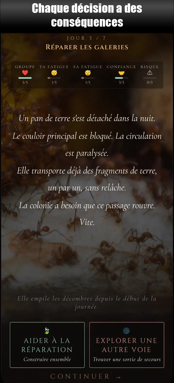 Capture d'écran jeu narratif ANTagony jour 1 scène réparer les galeries avec personnage fourmi et options de choix