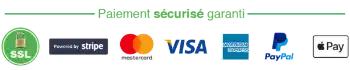 Bannière de sécurité et méthodes de paiement affichant le logo de certificat SSL, le logo du processeur de paiement Stripe, et les options de paiement acceptées incluant Mastercard, Visa, American Express, PayPal et Apple Pay.
